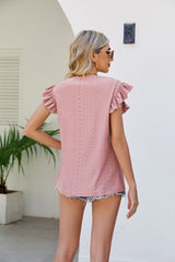 Smocked Round Neck Flutter Sleeve Top