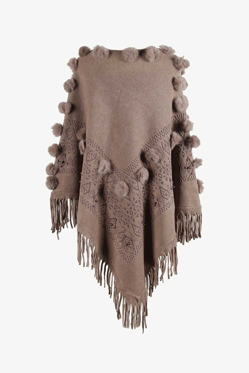 Bead Trim Boat Neck Fringed Poncho