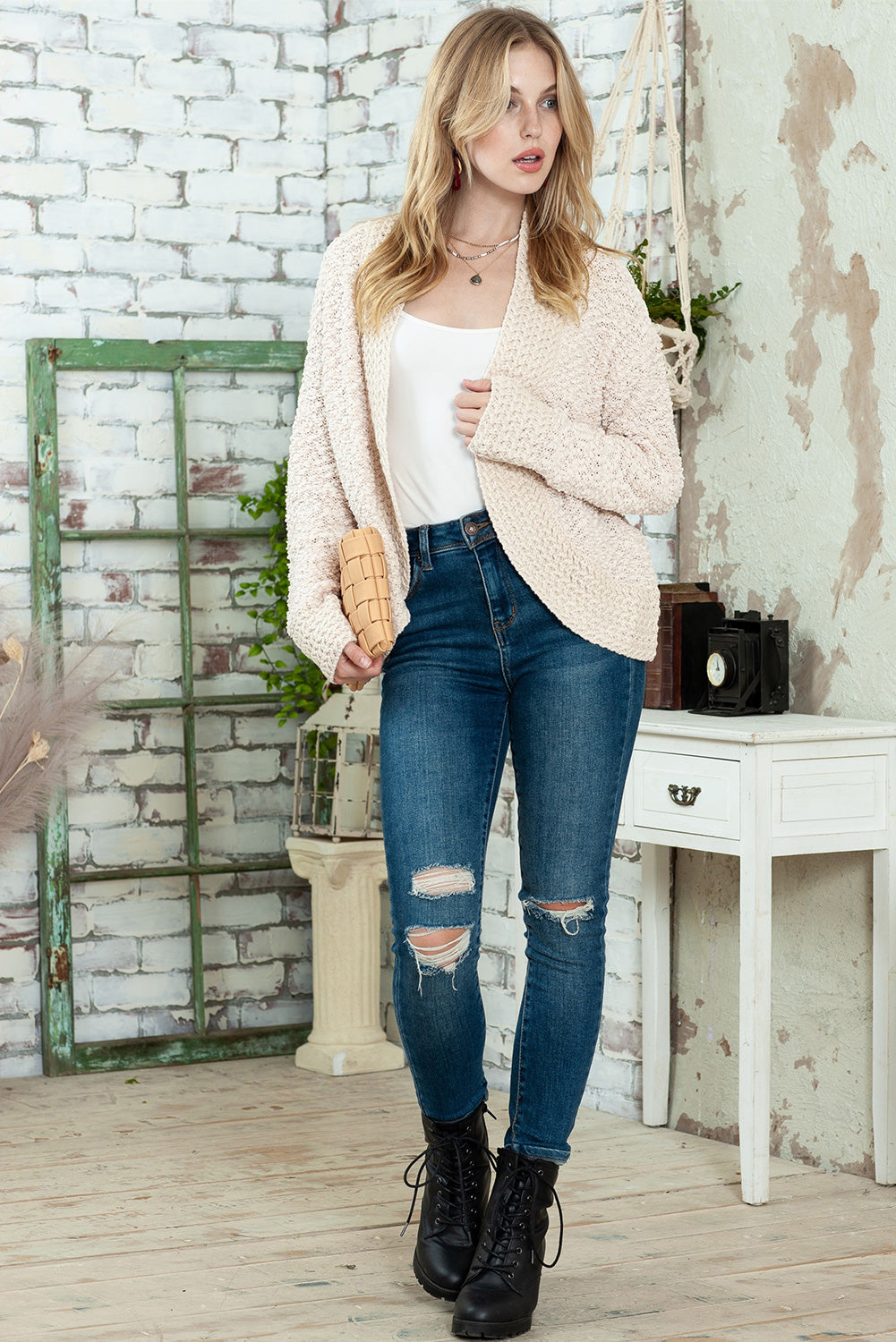 Apricot Popcorn Knit Open Front Cardigan