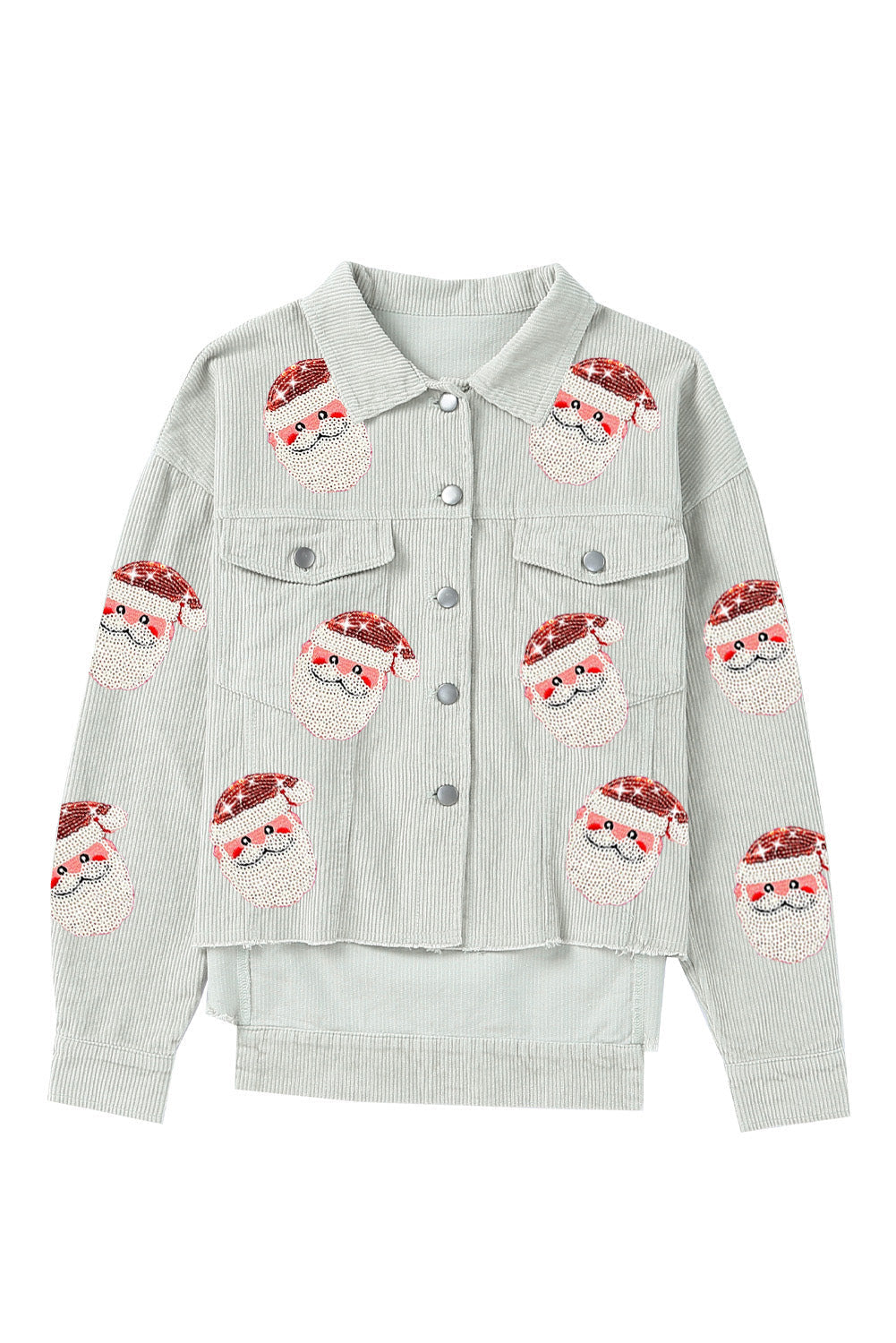 Graue Cordjacke mit Pailletten und Weihnachtsmann-Grafik und Klapptasche