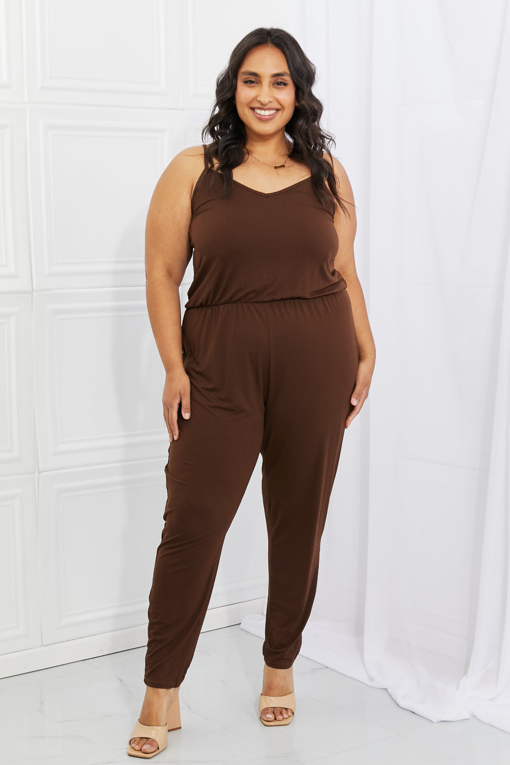 Capella Comfy Casual Full Size Solid Elastic WaistbJumpsuit in Chocolate