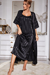 Striped Flounce Sleeve Open Front Robe Cami Dress Set