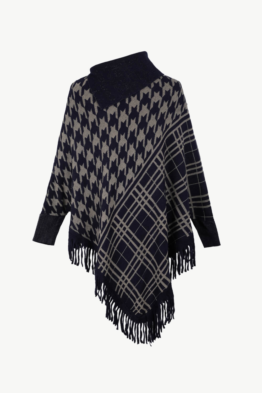 Houndstooth Fringe Hem Poncho