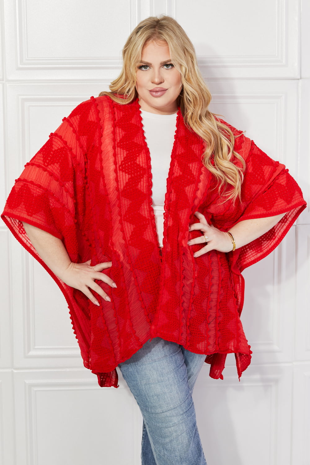 Justin Taylor – Asymmetrischer Poncho-Cardigan mit Pom-Poms in Rot