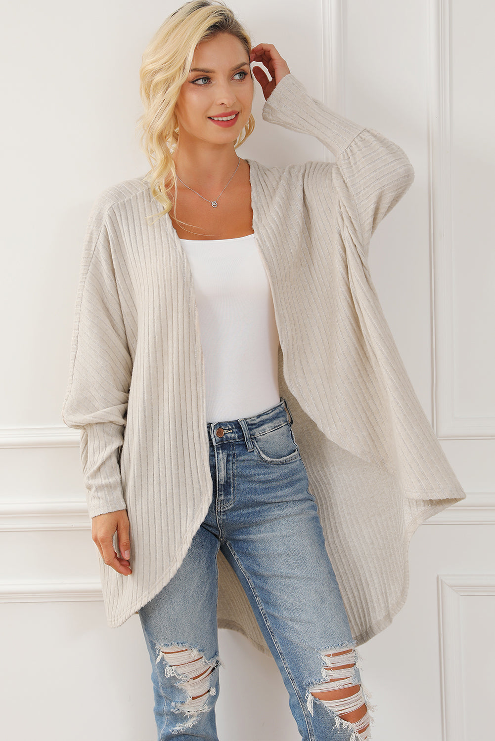 Parchment Batwing Sleeve Ribbed Knit Oversized Cardigan