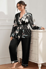 Plus Size Floral Belted Robe Pants Pajama Set