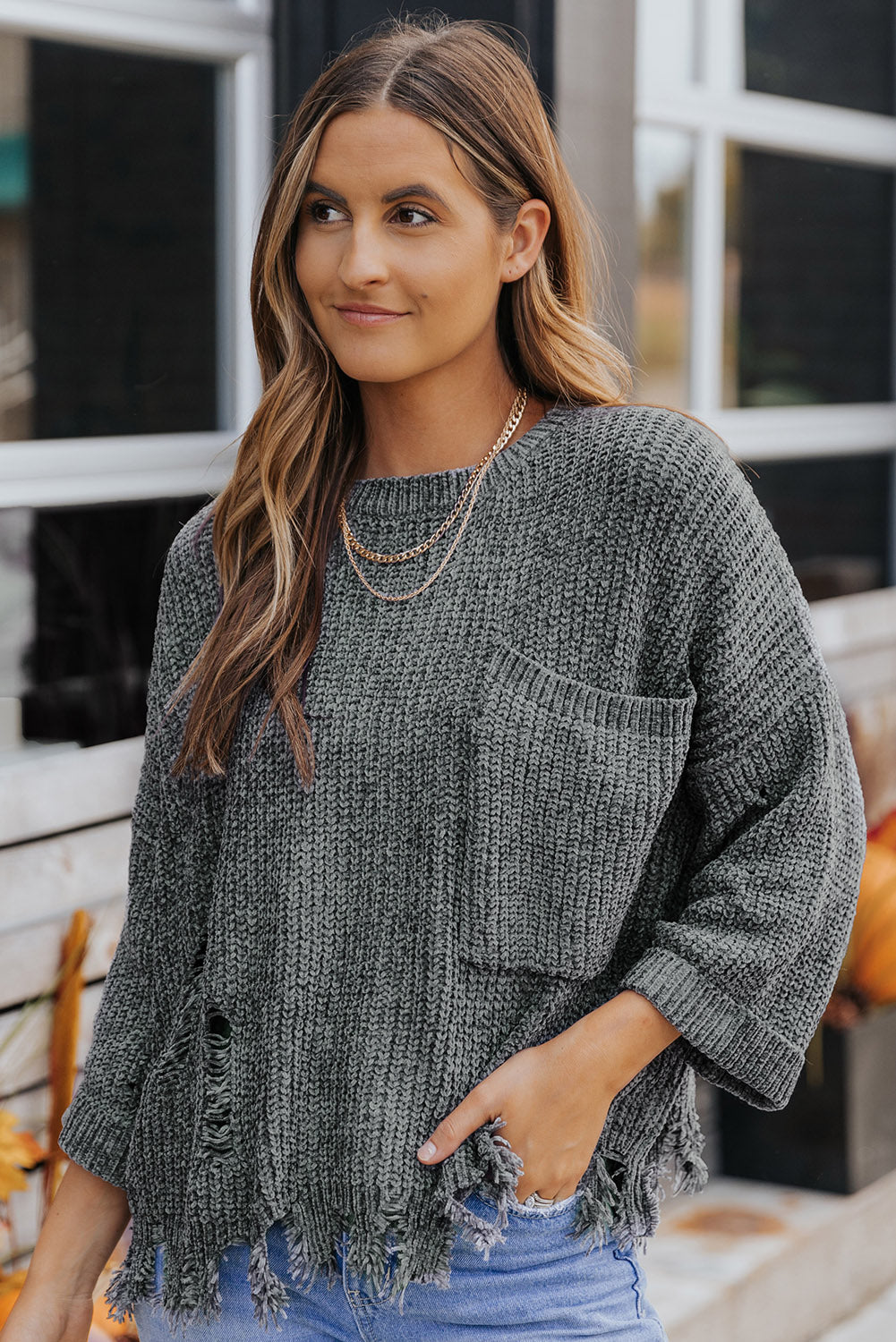 Distressed Rib-Knit Sweater with Breast Pocket