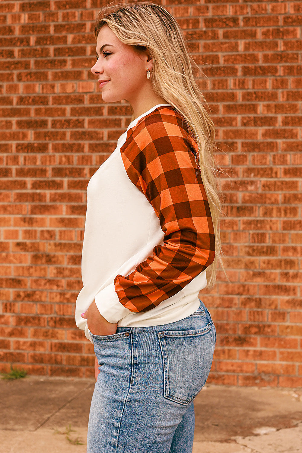Plaid Contrast Raglan Sleeve Top