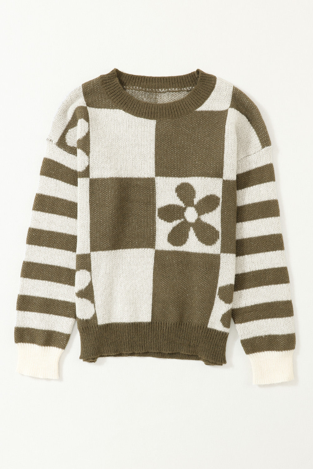 Brown Checkered Striped Knitted Pullover Sweater