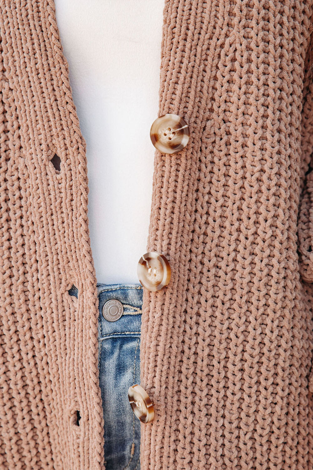 Khakifarbene, einfarbige, lässige Strickjacke mit Knöpfen
