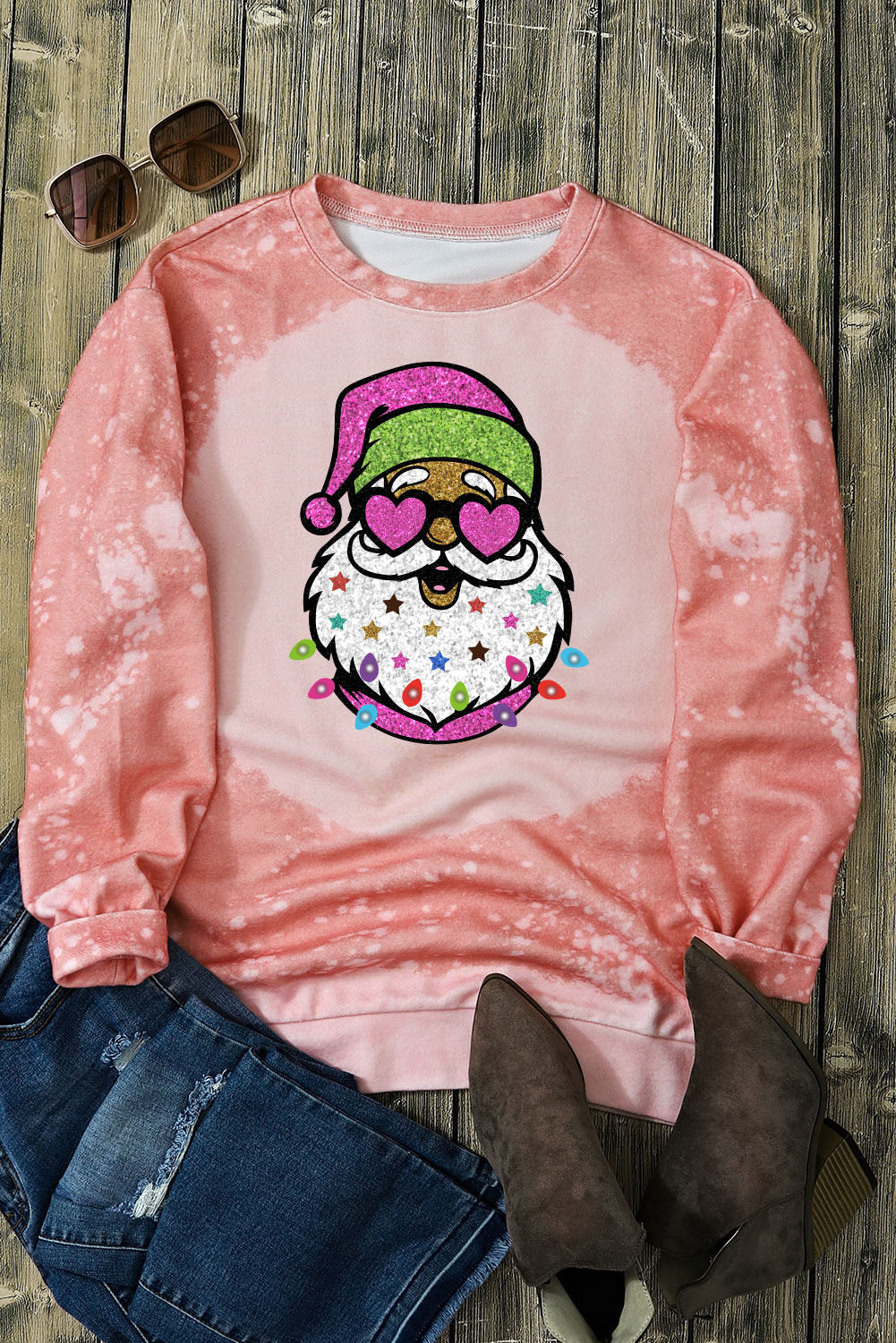 Sweat-shirt graphique à col rond décoloré rose Père Noël