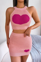 Heart Contrast Ribbed Sleeveless Knit Top Skirt Set