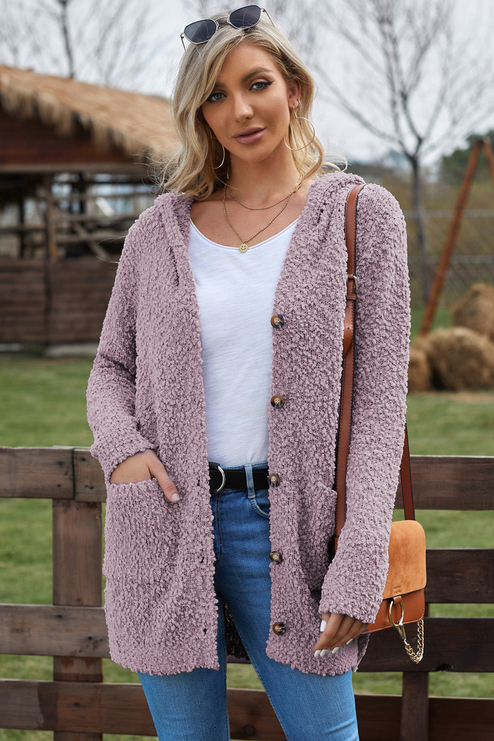 Cardigan à capuche à manches longues en tricot popcorn