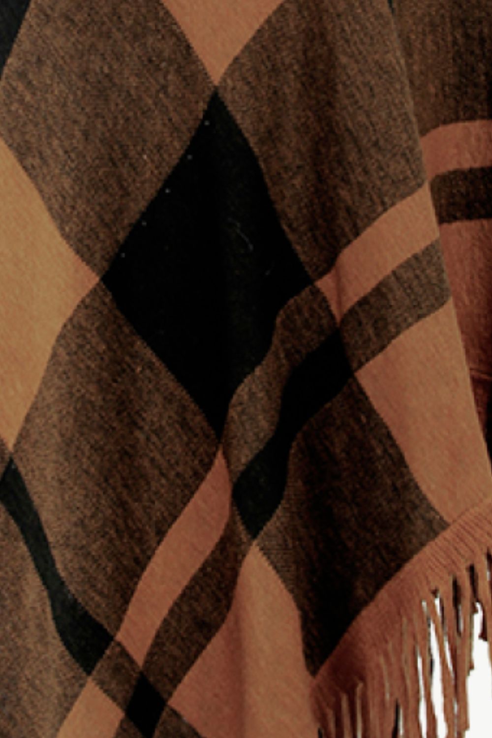 Plaid Fringe Hem Turtleneck Poncho