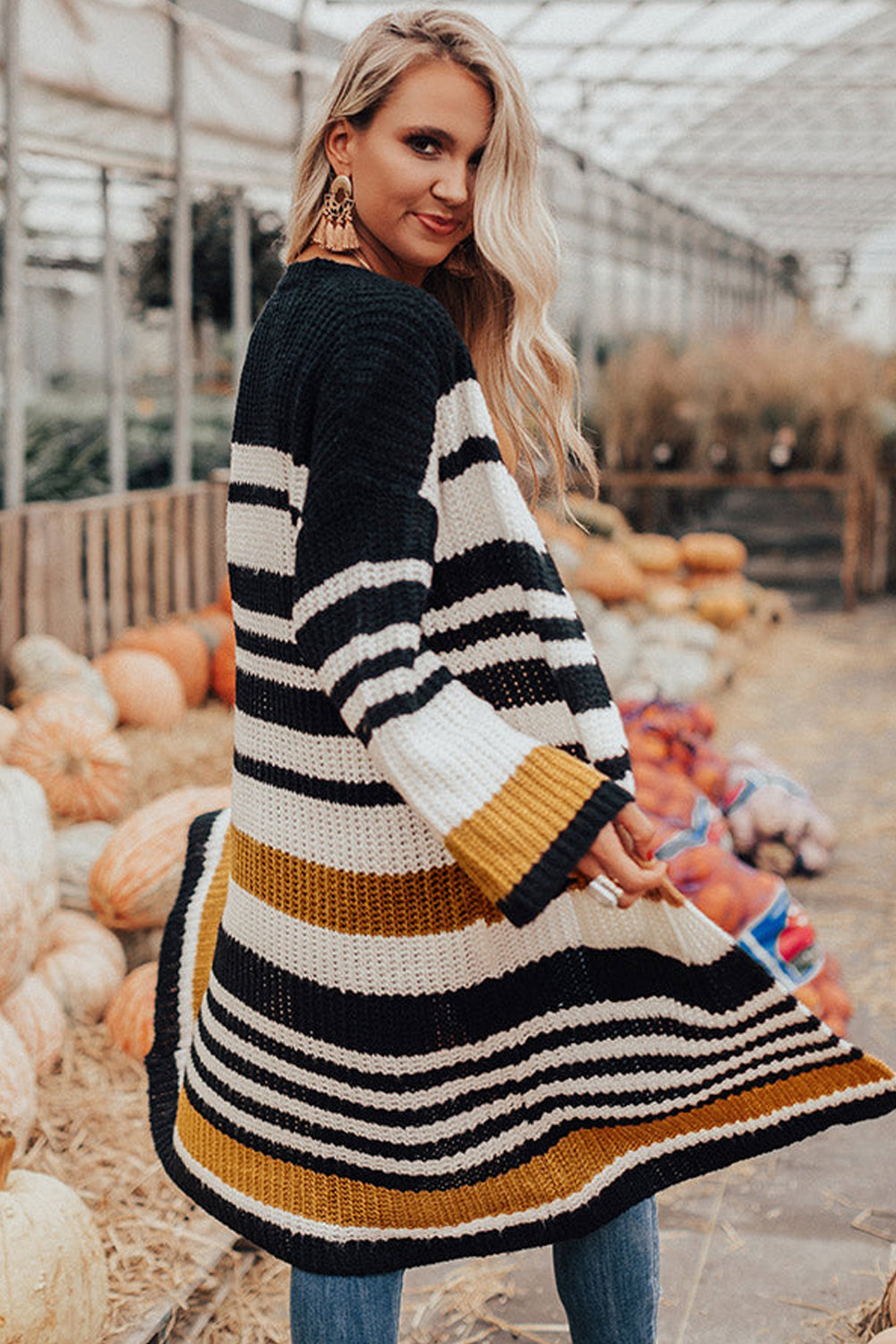 Striped Drop Shoulder Open Front Long Cardigan