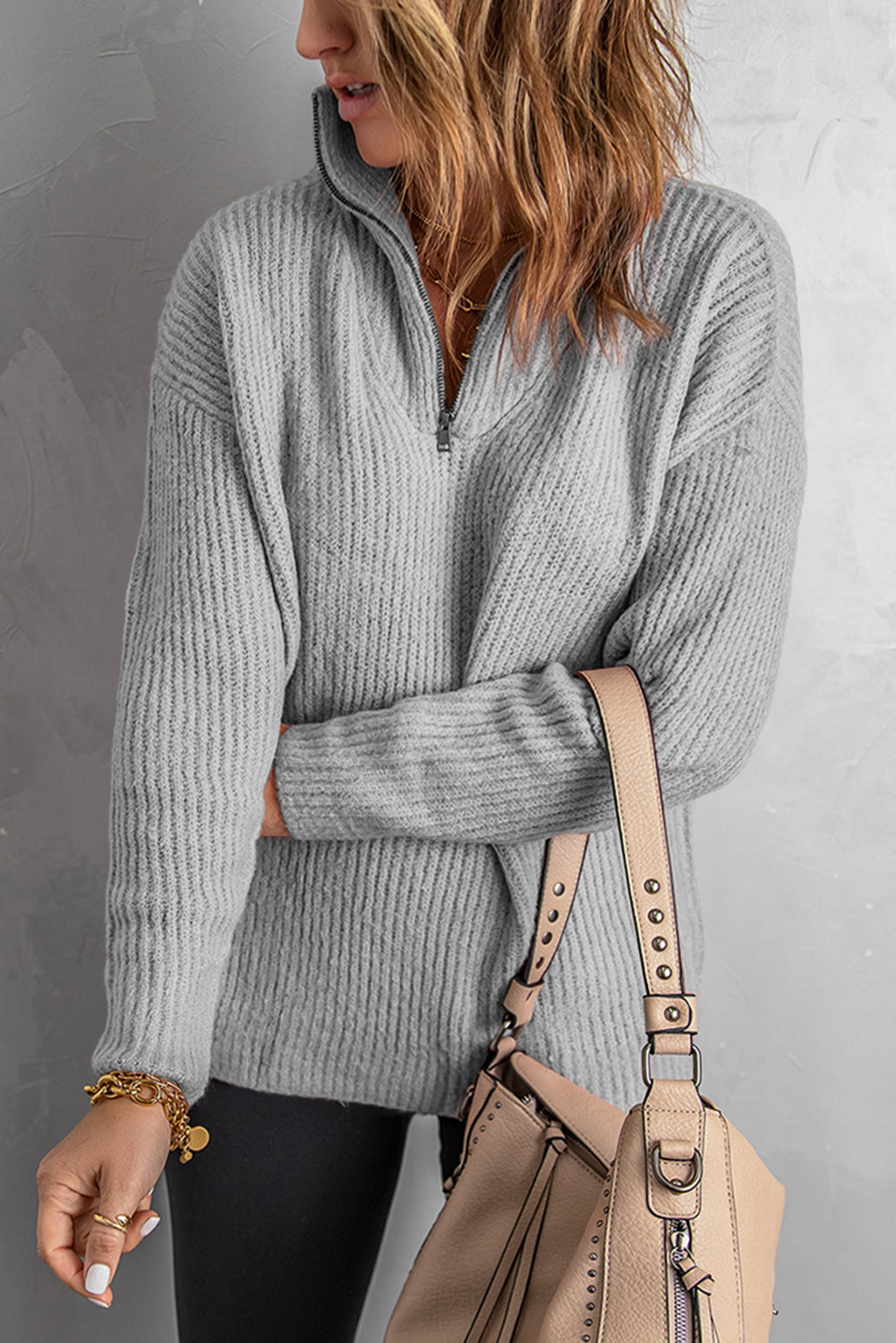 Quarter-Zip Rib-Knit Dropped Shoulder Knit Pullover