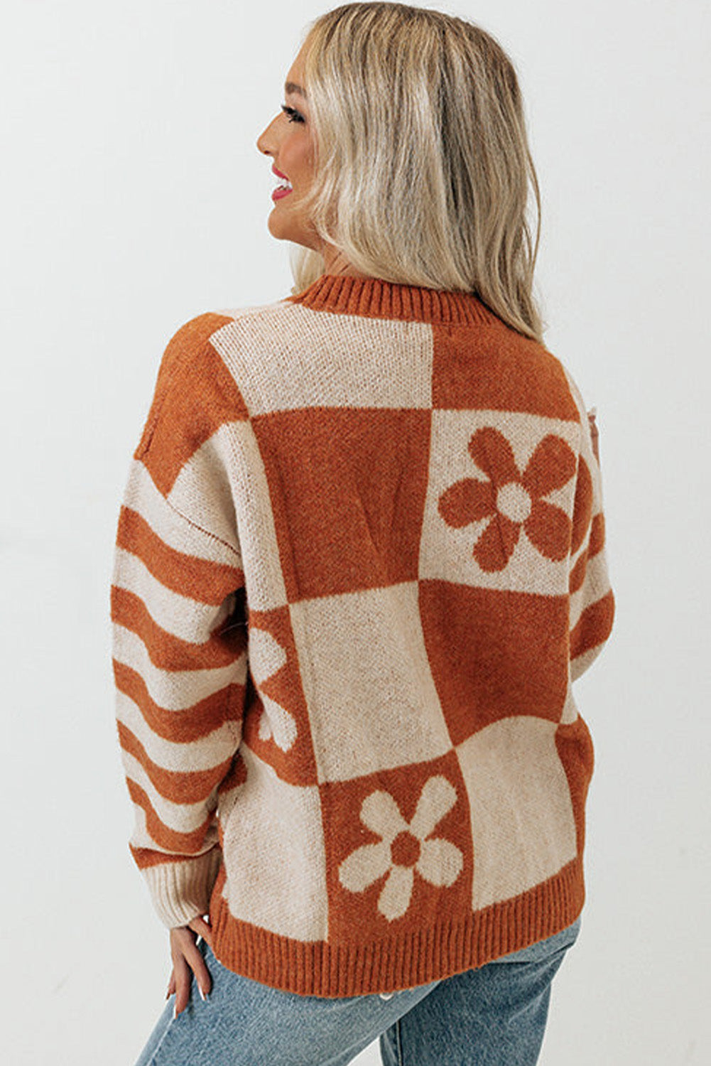 Brown Checkered Striped Knitted Pullover Sweater