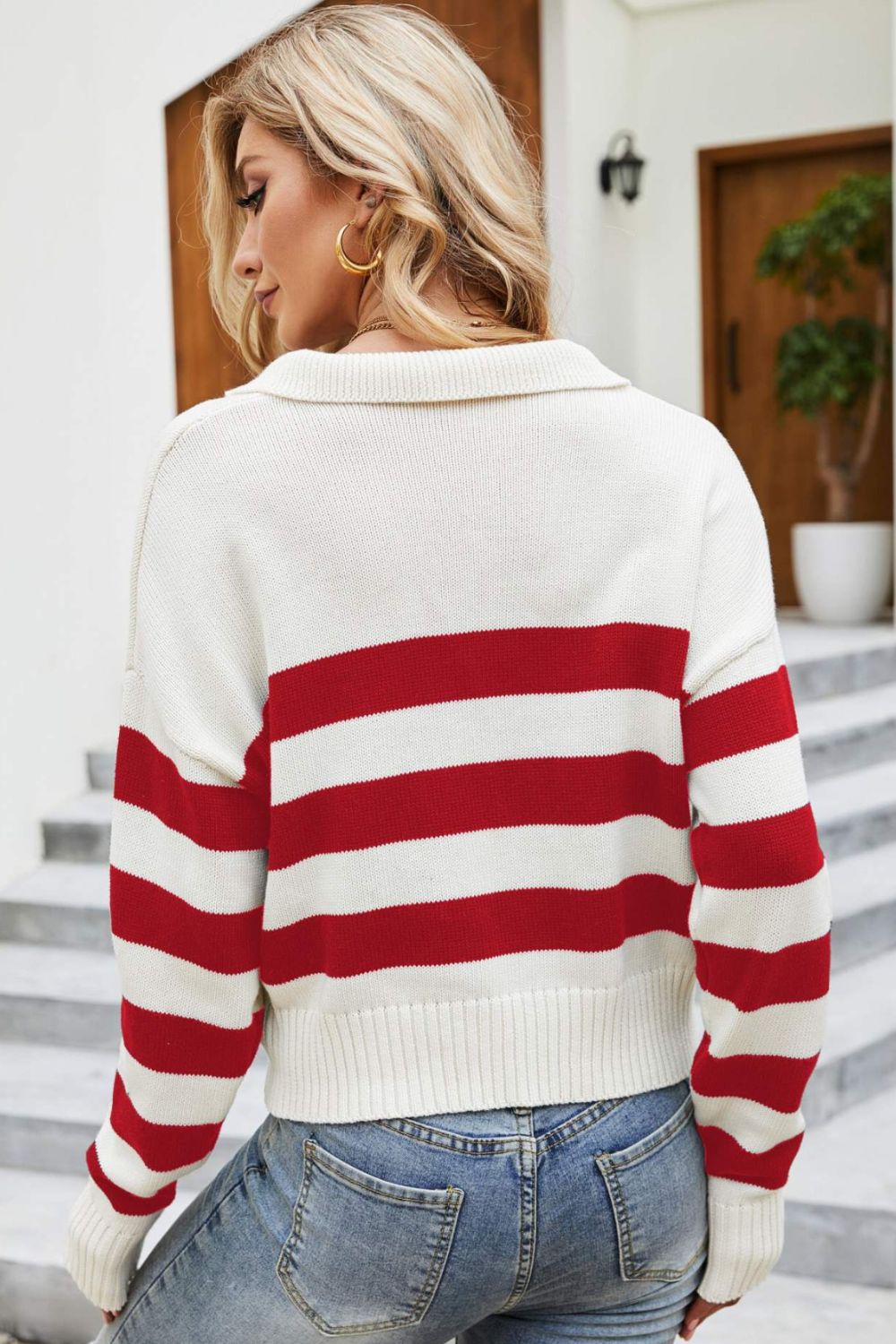 Striped Johnny Collar Dropped Shoulder Sweater