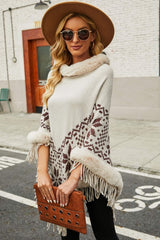 Patterned Faux Fur Trim Fringe Hem Poncho