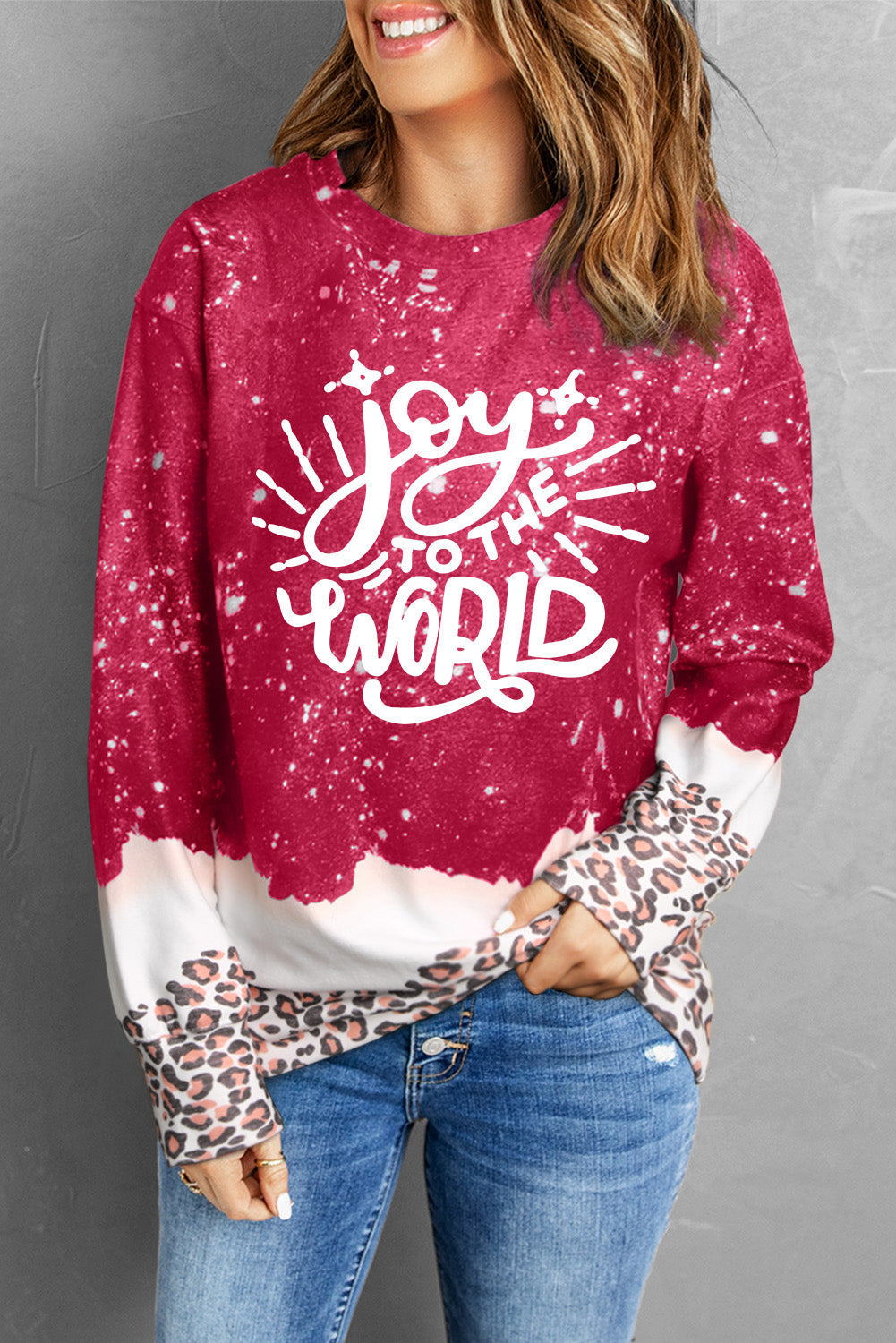 Sweat-shirt ample à imprimé léopard rouge « Joy To The World »