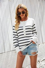 Striped Half Button Raglan Sleeve Knit Pullover
