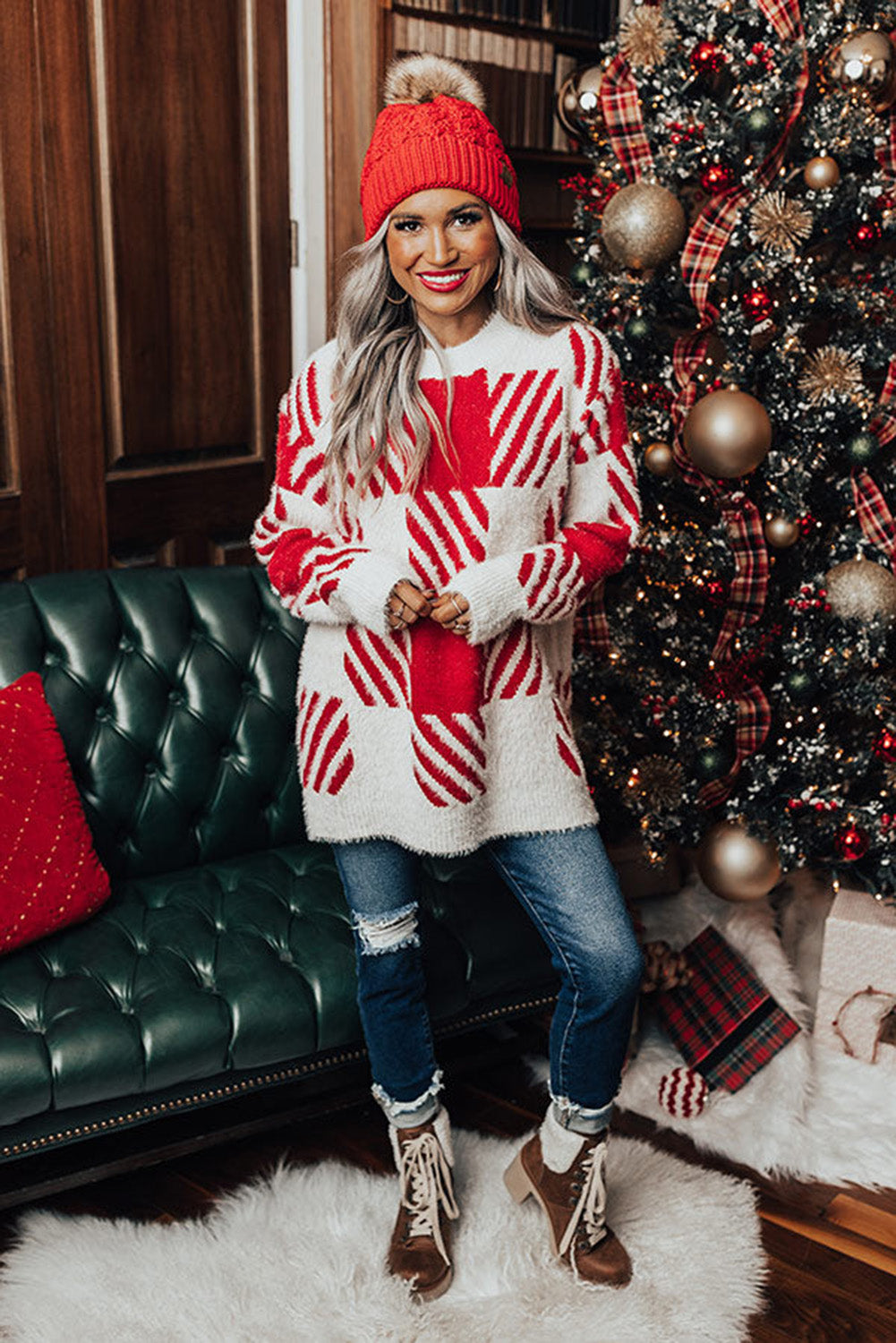 Red Fuzzy Check Drop Shoulder Sweater