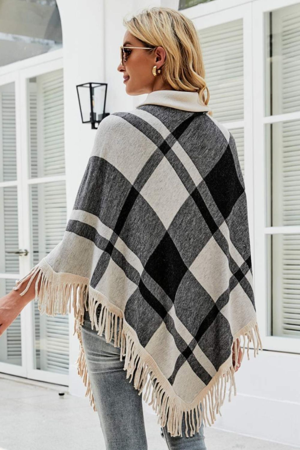 Plaid Fringe Hem Turtleneck Poncho
