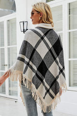 Plaid Fringe Hem Turtleneck Poncho