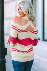 Striped Rib-Knit Cold-Shoulder Sweater