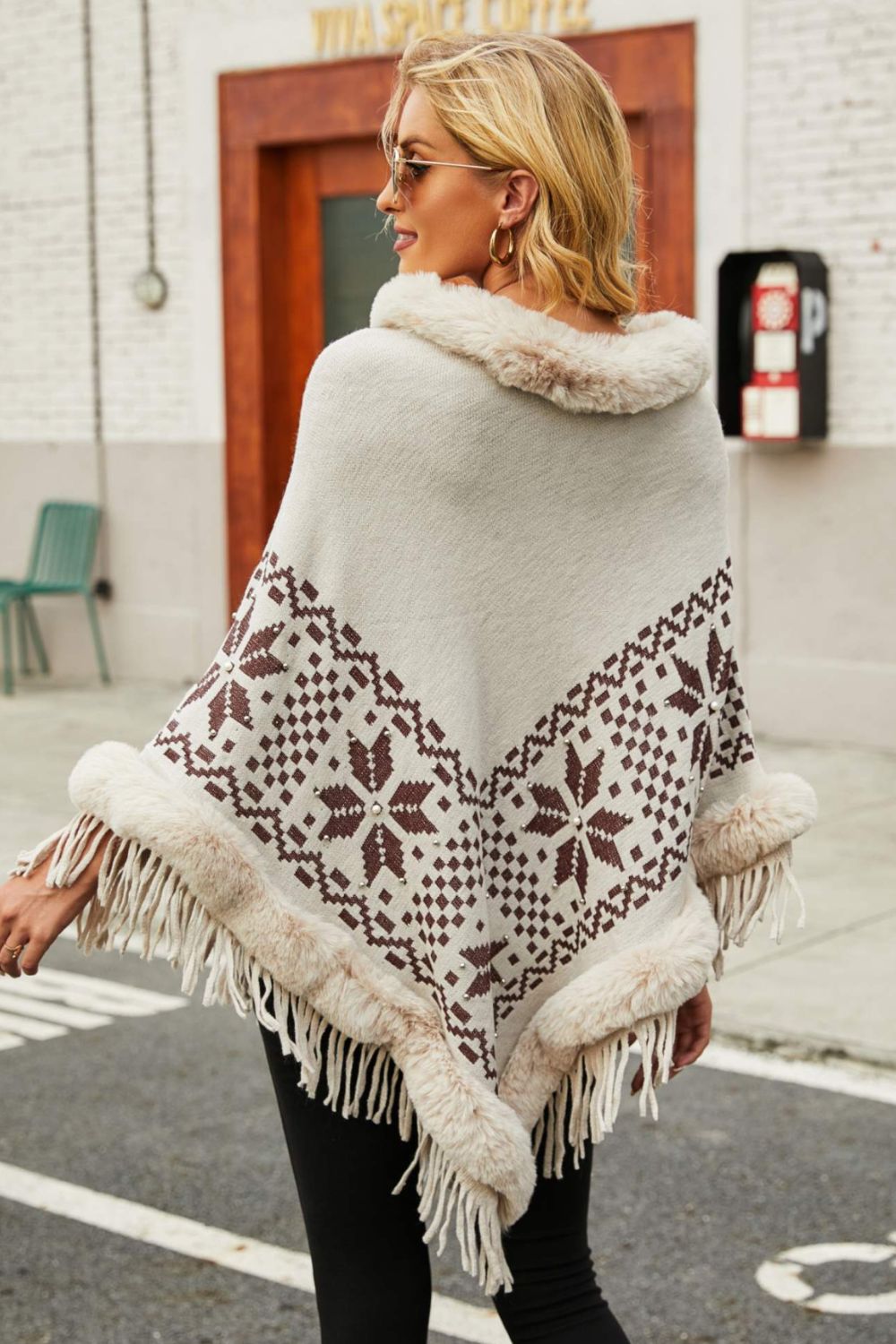 Patterned Faux Fur Trim Fringe Hem Poncho