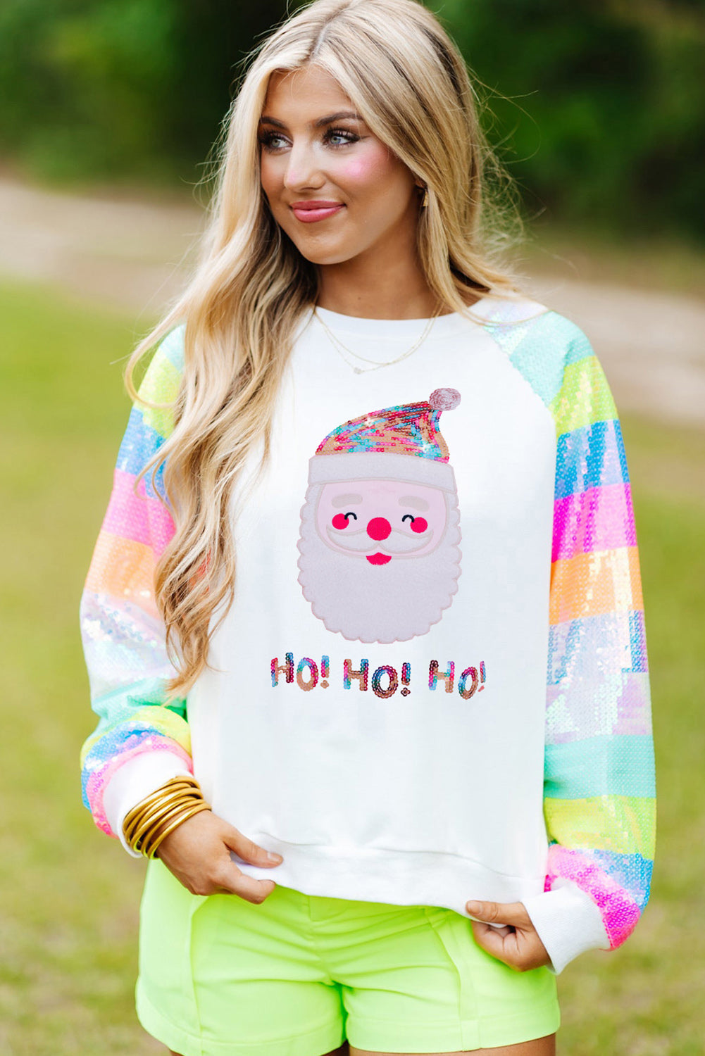 White Sequins Colorblock Sleeve Santa Claus Graphic Sweatshirt