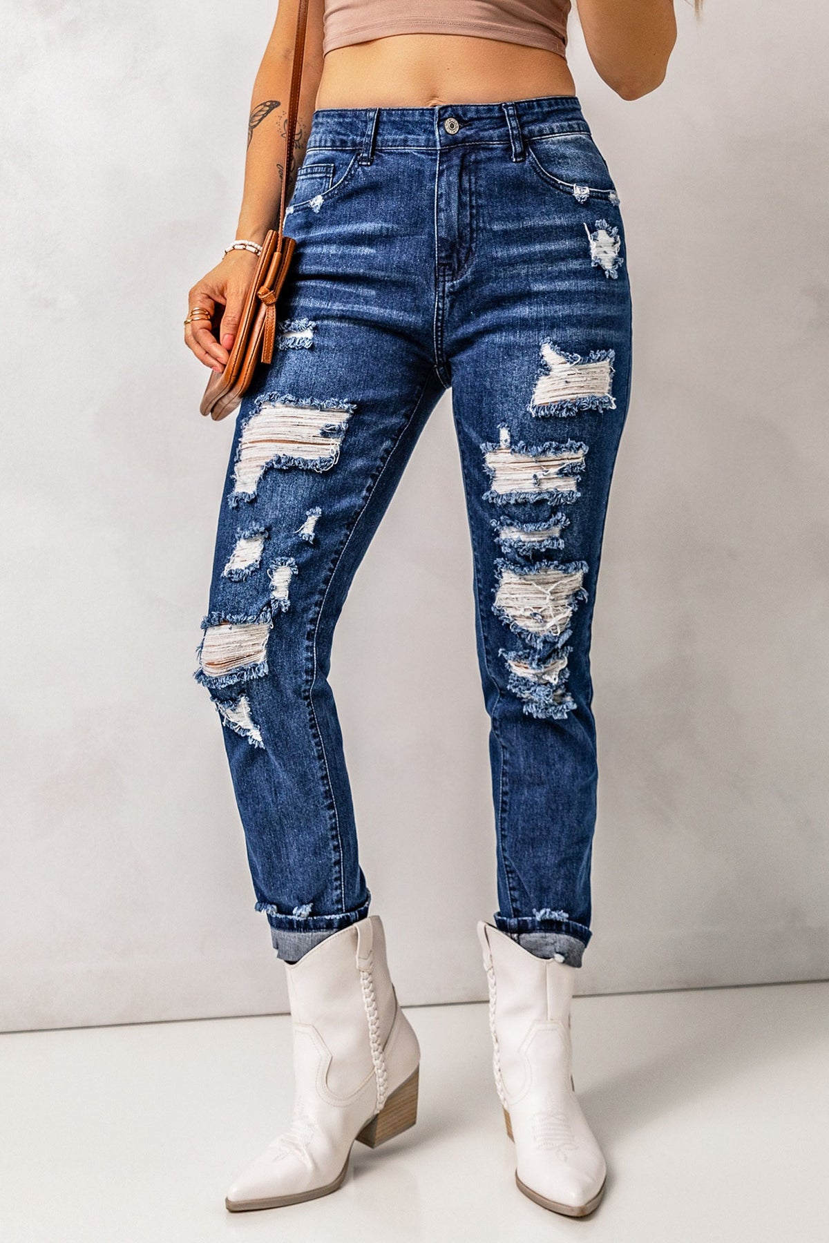 Jean taille haute vieilli avec poches