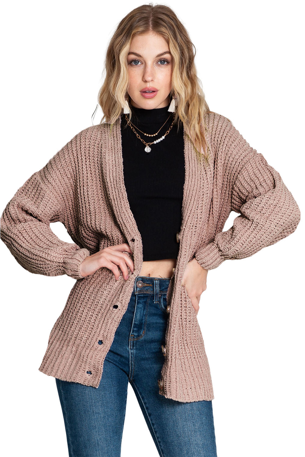 Khakifarbene, einfarbige, lässige Strickjacke mit Knöpfen