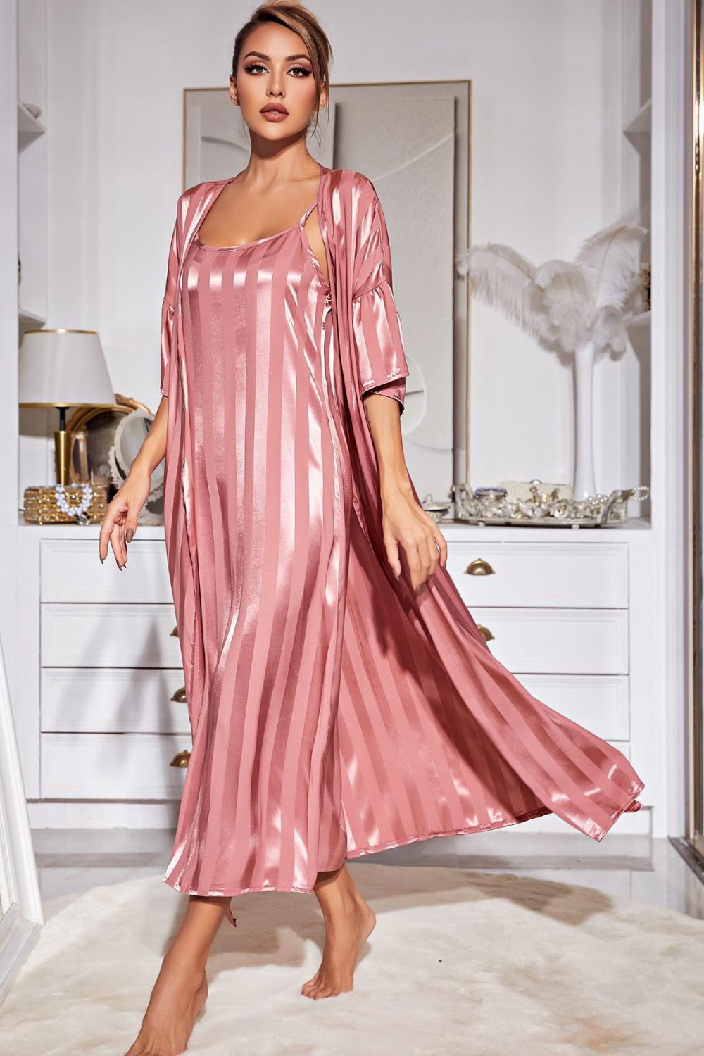 Striped Flounce Sleeve Open Front Robe Cami Dress Set