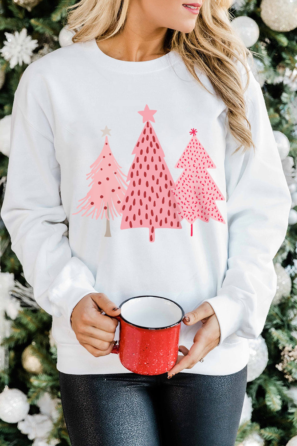 Weißes Pullover-Sweatshirt mit Weihnachtsbaum-Punkte-Print