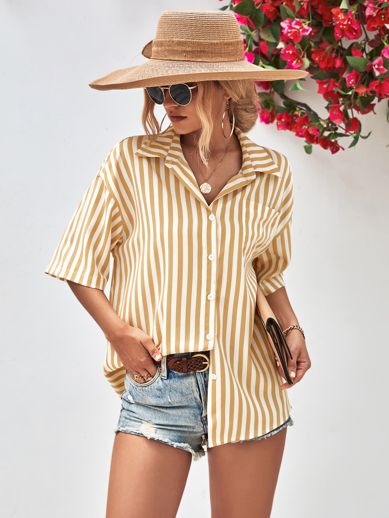Chemise rayée à manches mi-longues et épaules tombantes