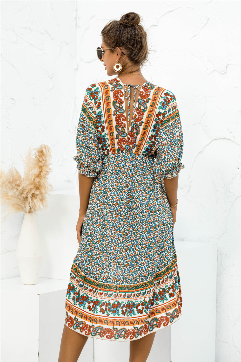 Robe bohème imprimée à col en V