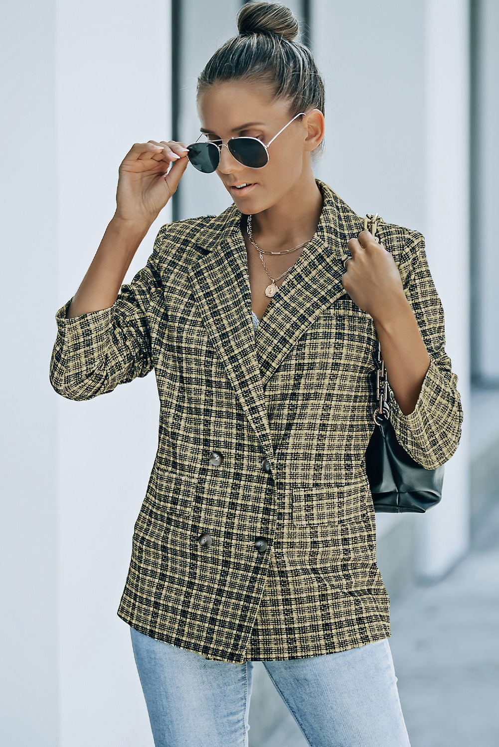 Karierter, zweireihiger Blazer mit langen Ärmeln