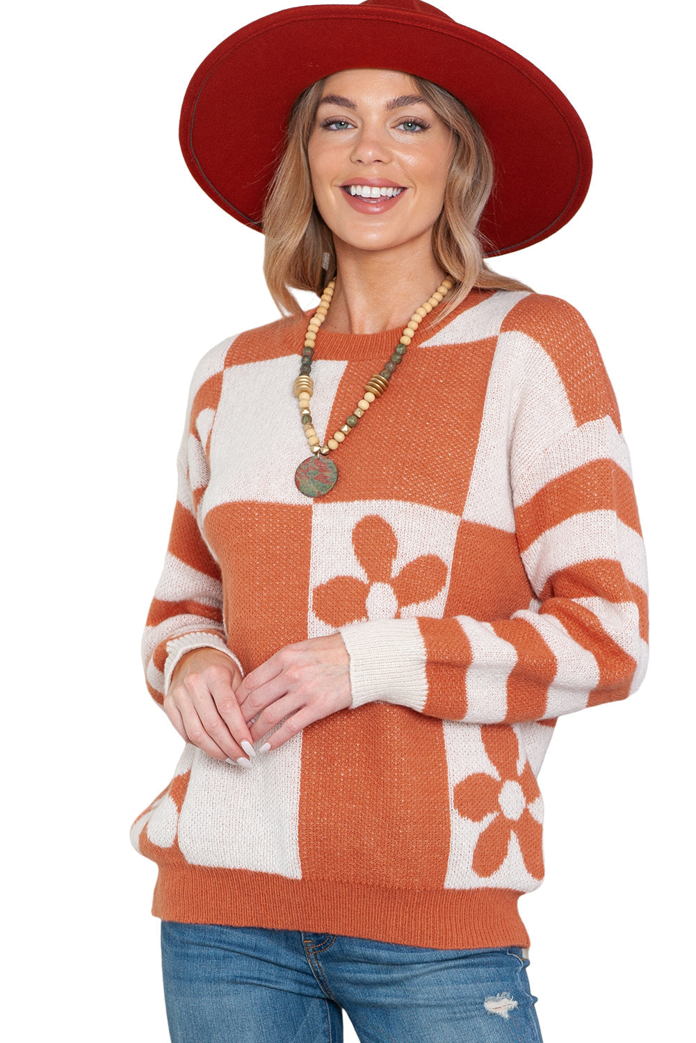 Brown Checkered Striped Knitted Pullover Sweater