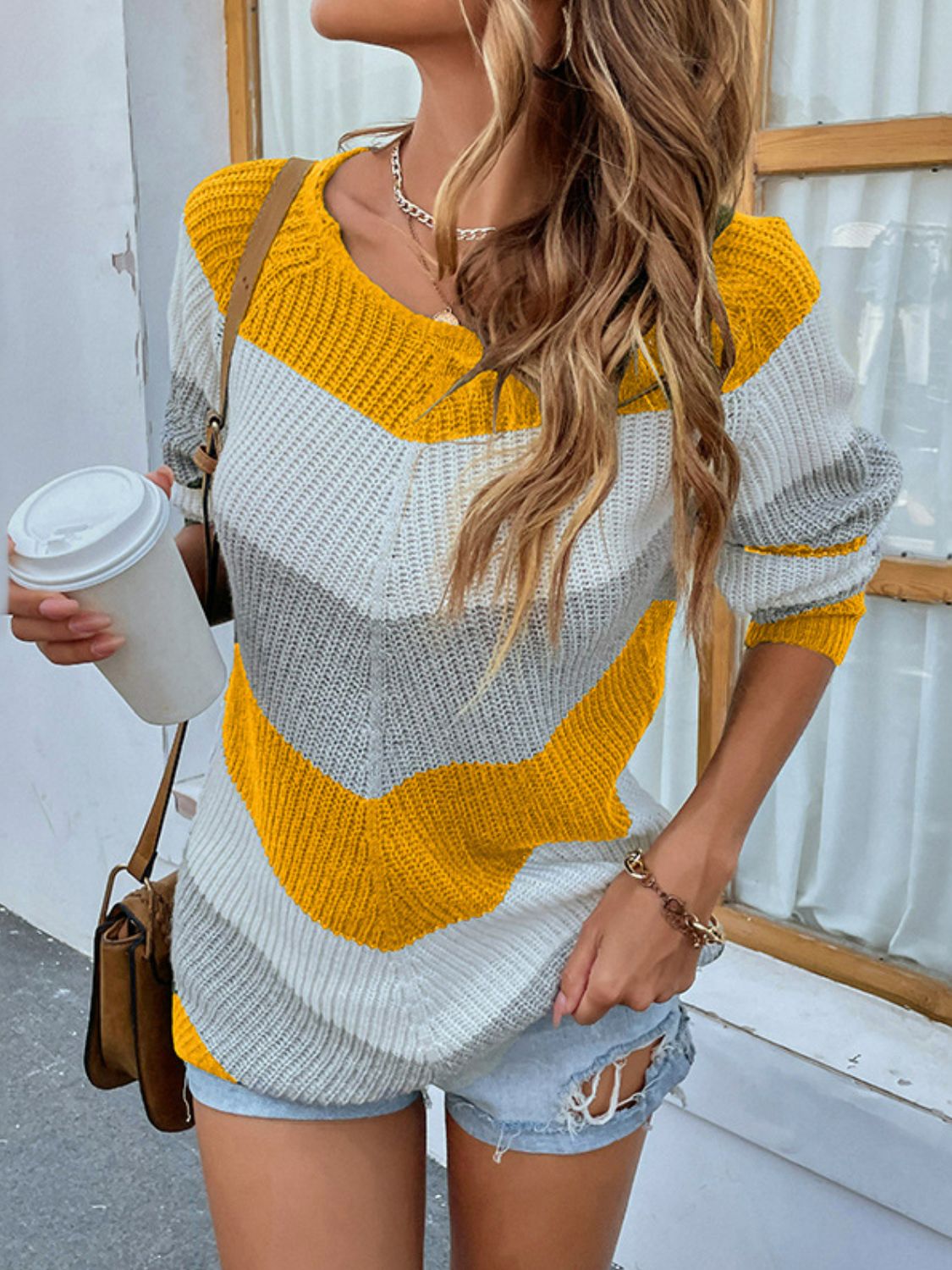 Striped Raglan Sleeve Rib-Knit Sweater