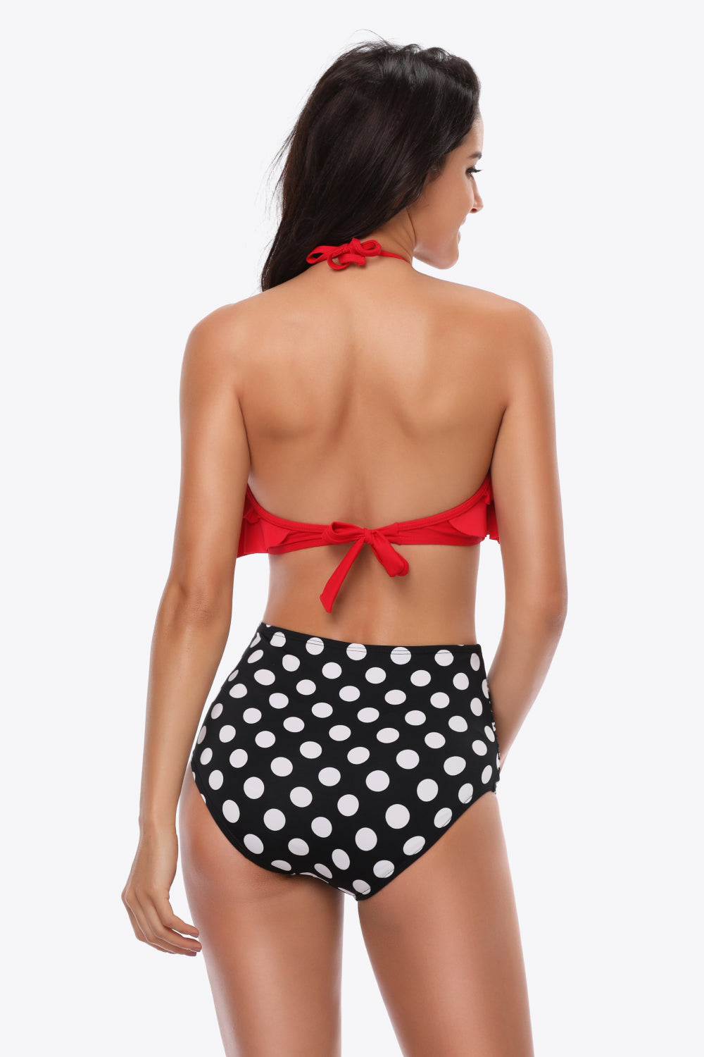 Two-Tone Ruffled Halter Neck Two-Piece Swimsuit