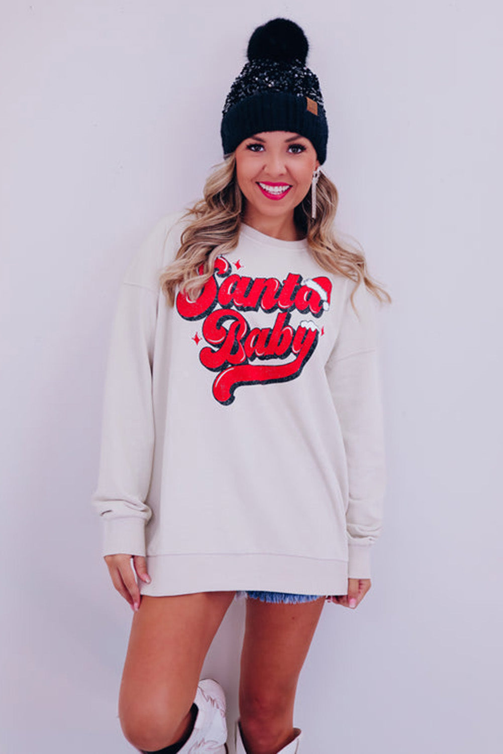 Weißes Sweatshirt mit Weihnachtsmann-Baby-Grafik