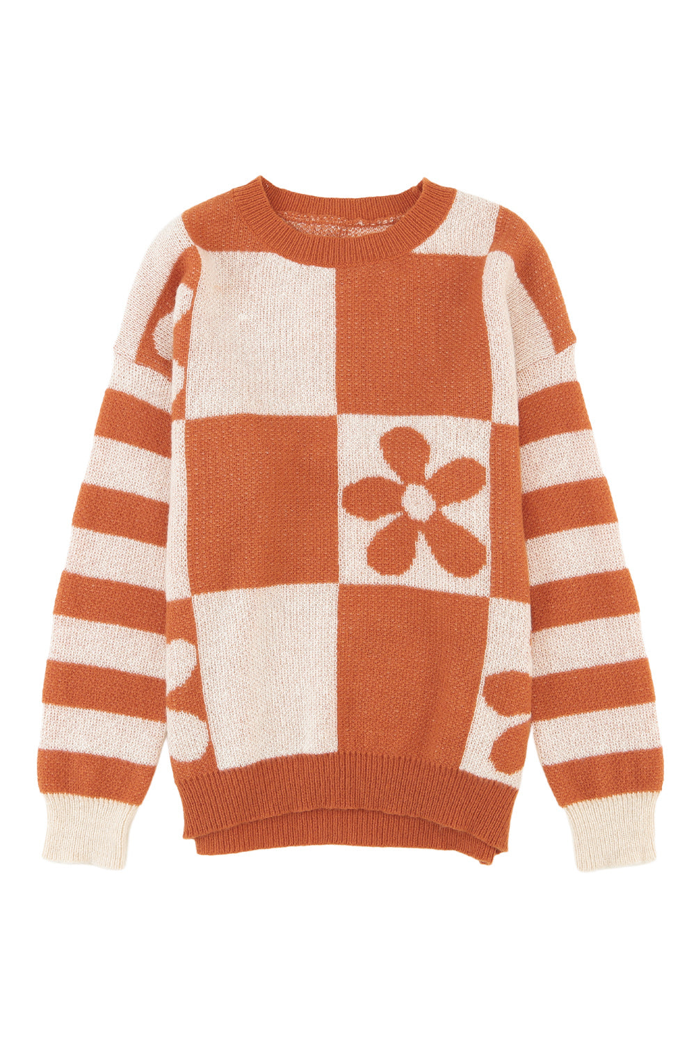 Brown Checkered Striped Knitted Pullover Sweater