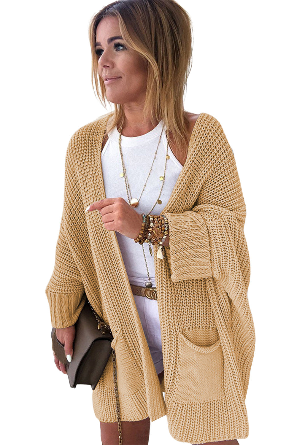 Graue Oversize-Strickjacke mit Zopfmuster und Fledermausärmeln