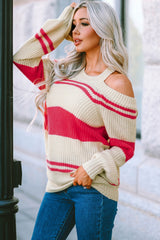 Striped Rib-Knit Cold-Shoulder Sweater