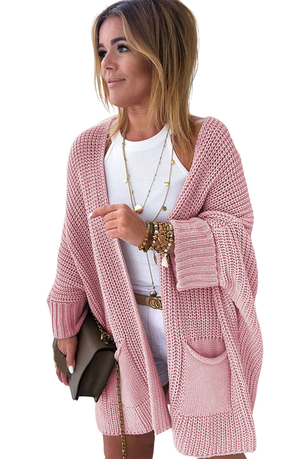 Graue Oversize-Strickjacke mit Zopfmuster und Fledermausärmeln