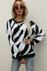 Animal Print Round Neck Dropped Shoulder Sweater