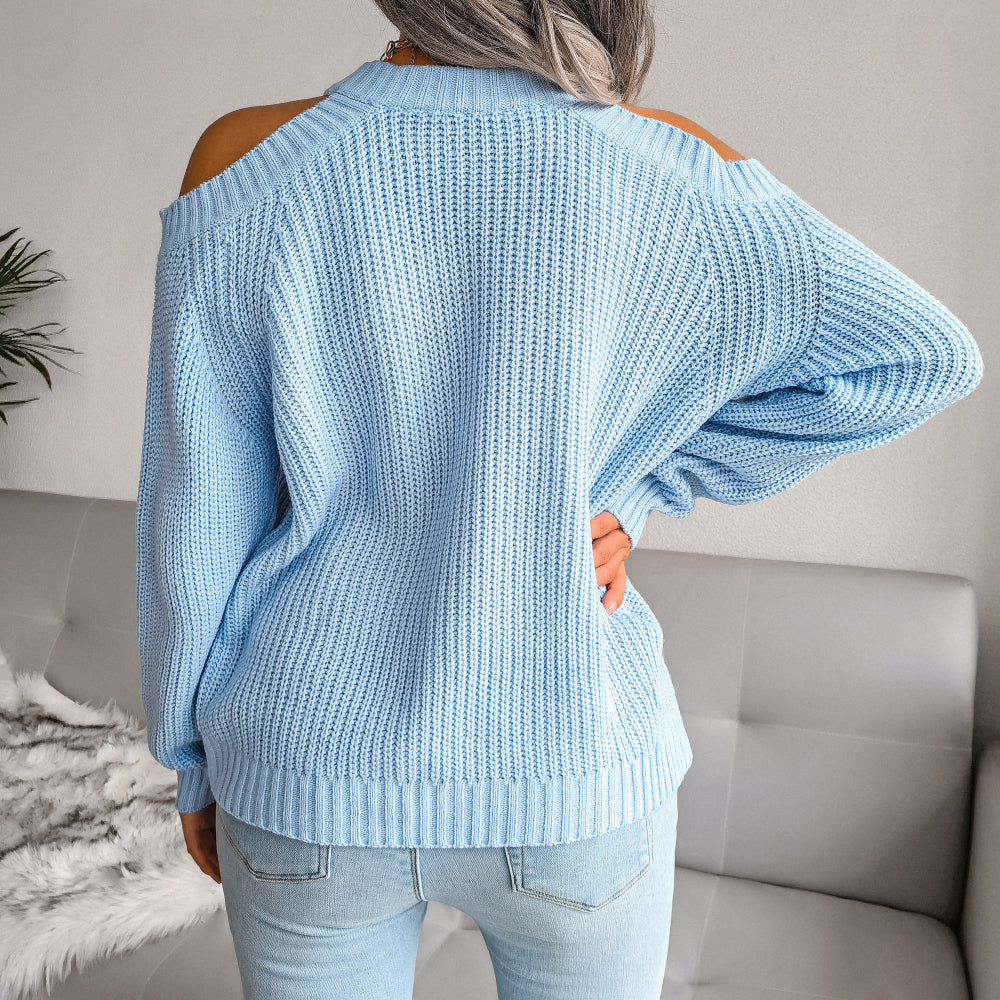 Rib-Knit Cold Shoulder Long Sleeve Sweater