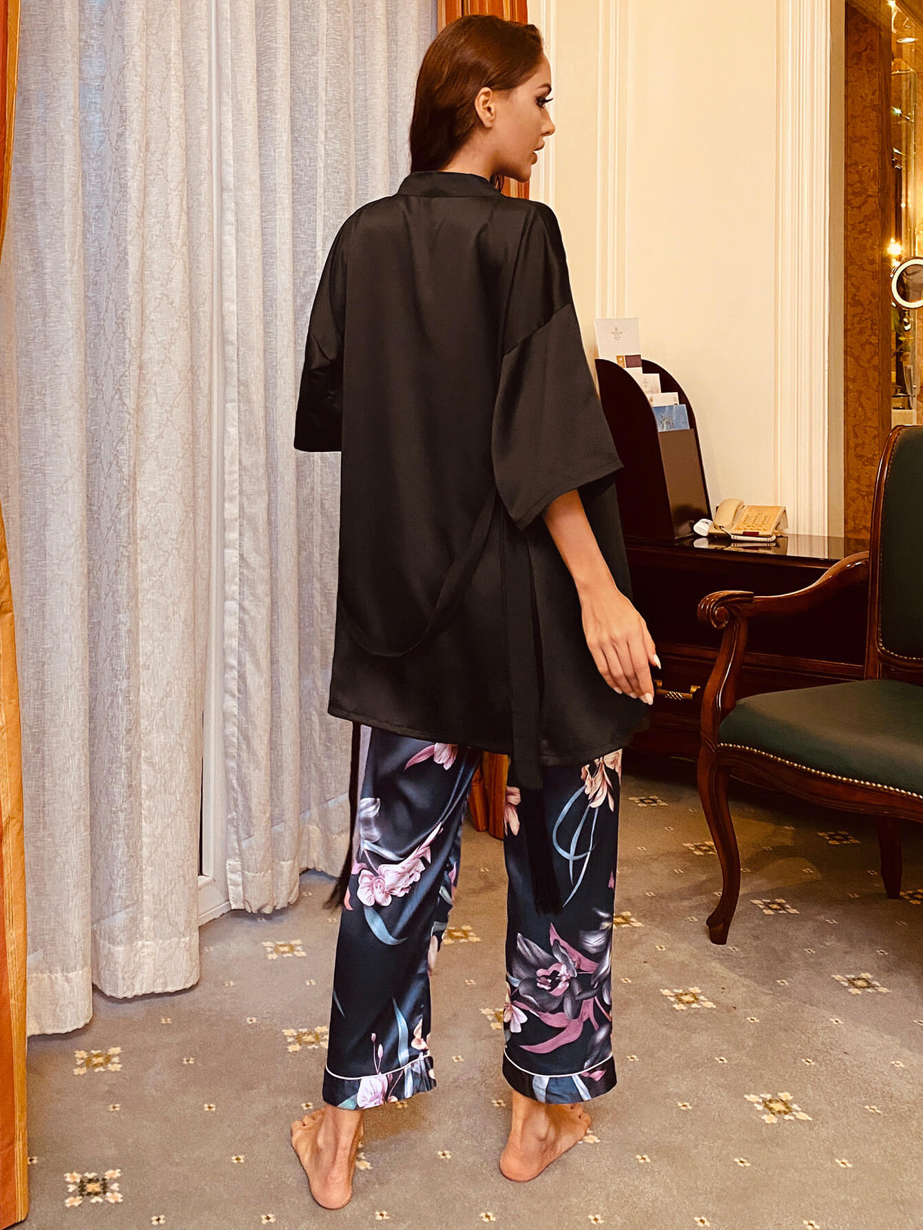 Cami, Robe, Printed Pants Pajama Set