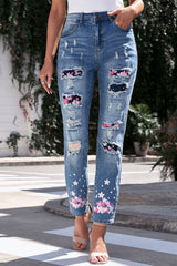 Jean boyfriend vieilli avec patch imprimé